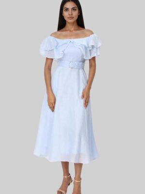 S25FORDR19817P_BLUE.jpg Off Shoulder Blended Fabric Women's Calf Length Dress