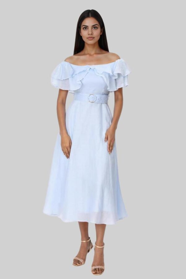 S25FORDR19817P_BLUE.jpg Off Shoulder Blended Fabric Women's Calf Length Dress